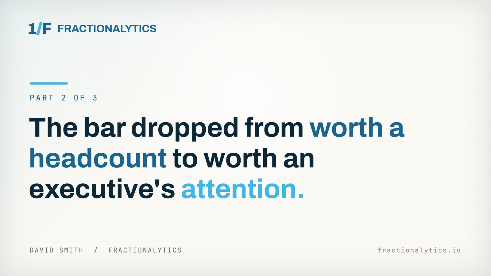 Title card for the second piece in the series, on the Fractionalytics dark blue.