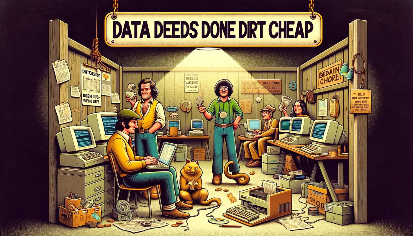Cover illustration for Data Deeds Done Dirt Cheap.