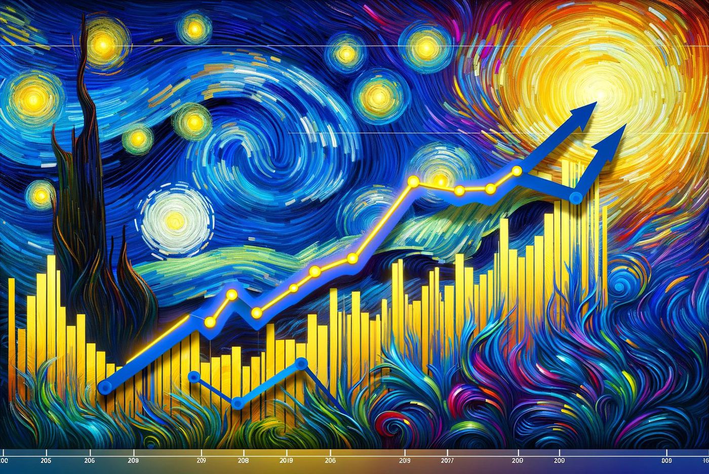 A rising line chart painted in the style of Van Gogh's Starry Night, with yellow bars and swirling blue sky.