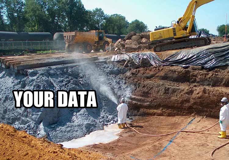 A Superfund cleanup site: excavators, a dump truck and workers in white protective suits spraying down a pit of grey contaminated soil, with the words YOUR DATA added over the pit.