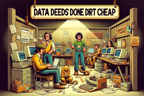 Cover illustration for Data Deeds Done Dirt Cheap.