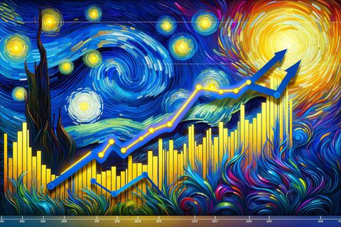 A rising line chart painted in the style of Van Gogh's Starry Night, with yellow bars and swirling blue sky.