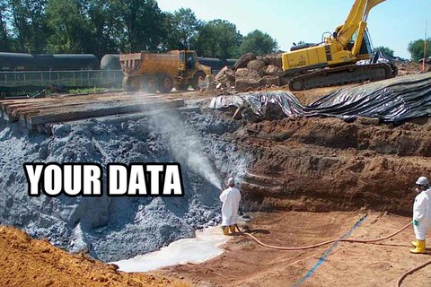 A Superfund cleanup site: excavators, a dump truck and workers in white protective suits spraying down a pit of grey contaminated soil, with the words YOUR DATA added over the pit.