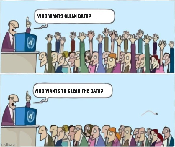 Cartoon meme. A speaker asks a crowd "Who wants clean data?" and every hand goes up. He then asks "Who wants to CLEAN the data?" and every hand goes down.